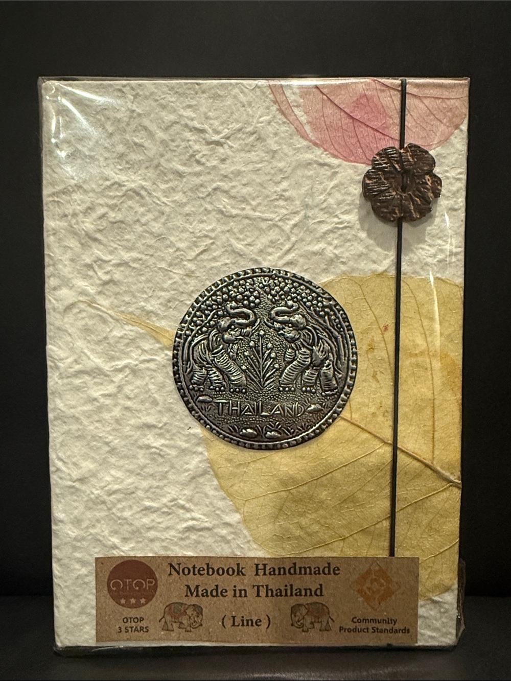 Handmade Thailand Notebook with Leaf Accent and Elephant Medallion